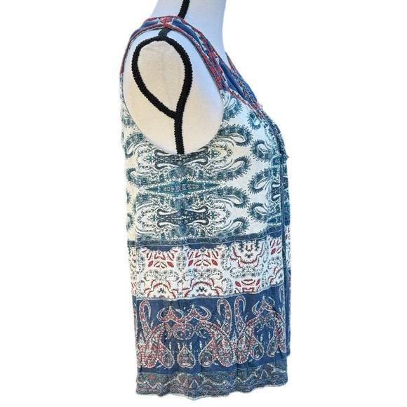Lucky Brand Navy Blue Sleeveless Boho Paisley Lace Up Tassel Tank Top Size Med - Picture 4 of 8